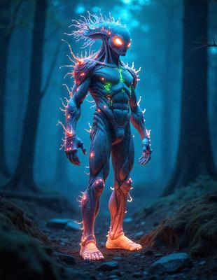 The primary subject of the image is a person, likely a character or a superhero, standing in a forest. The setting is a dark forest with trees surrounding the person. The visual style appears to be a combination of photo and digital art, creating a unique and intriguing scene. The colors in the image are predominantly dark, with the person being the main source of light, giving the scene a moody and mysterious atmosphere.